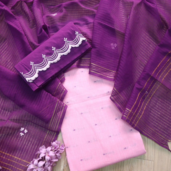 Kinaari Softy Pink Thread Weaved Cotton Suit Set with Embroidered Bottom