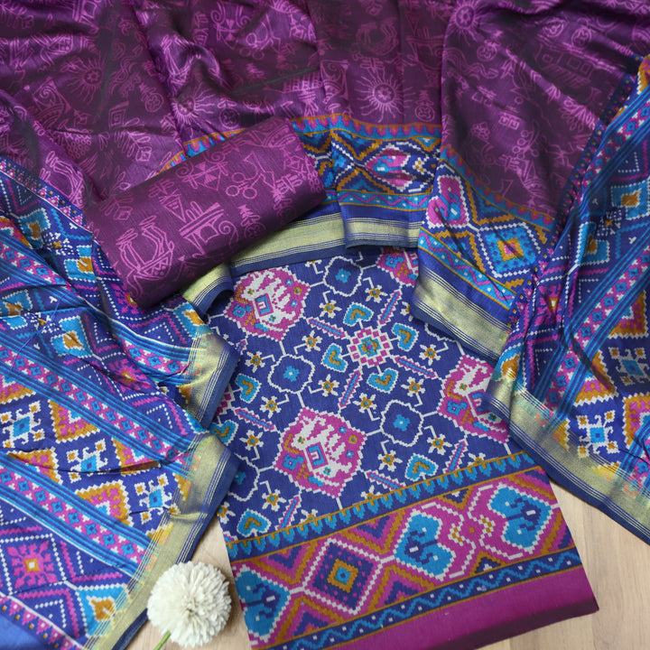Raya Stone Blue All Over Patola Shadow Printed Work Muslin Set