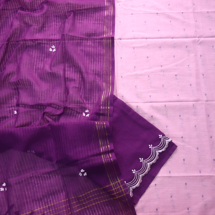 Kinaari Softy Pink Thread Weaved Cotton Suit Set with Embroidered Bottom