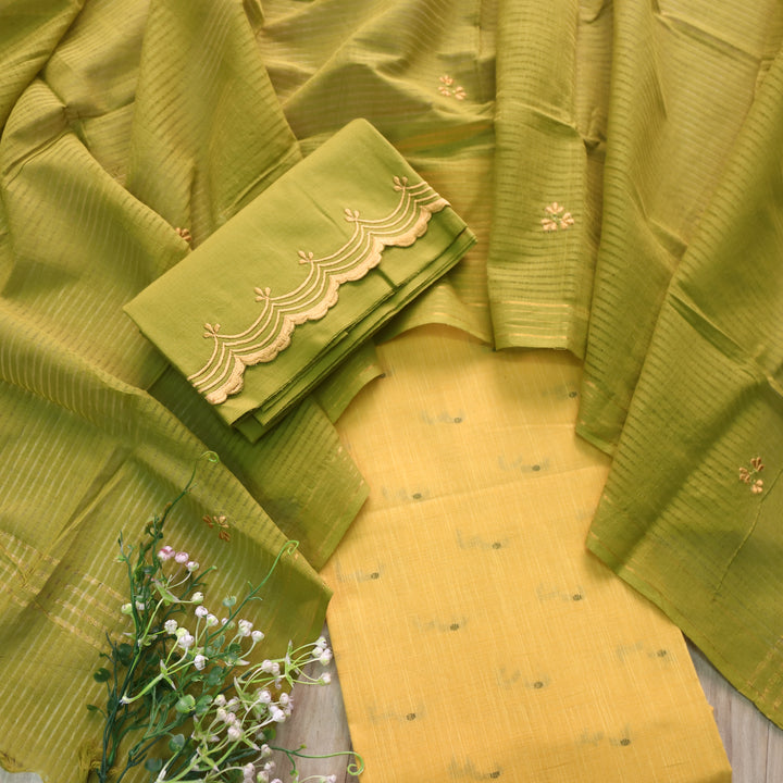 Kinaari Corn Yellow Thread Weaved Cotton Suit Set with Embroidered Bottom