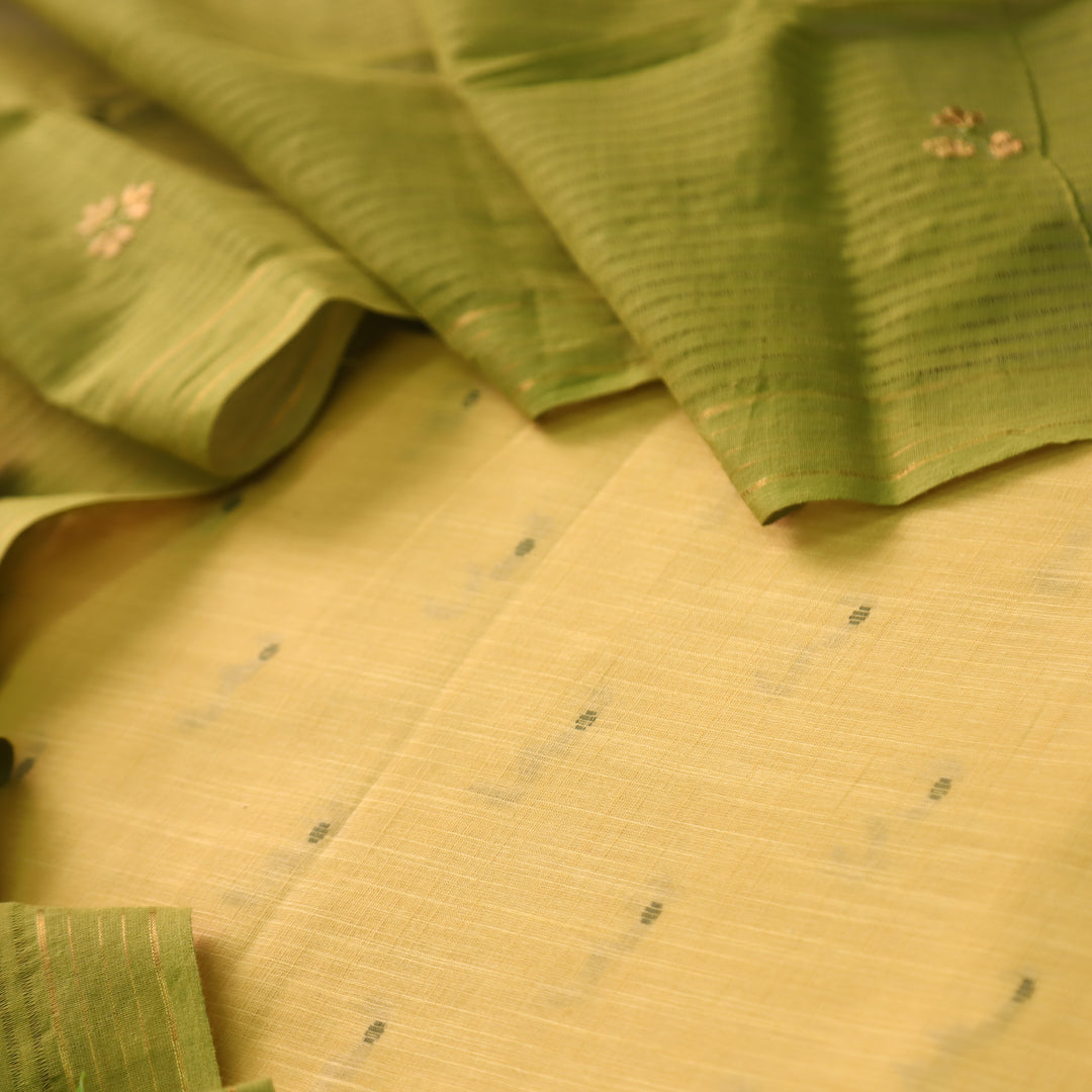 Kinaari Corn Yellow Thread Weaved Cotton Suit Set with Embroidered Bottom