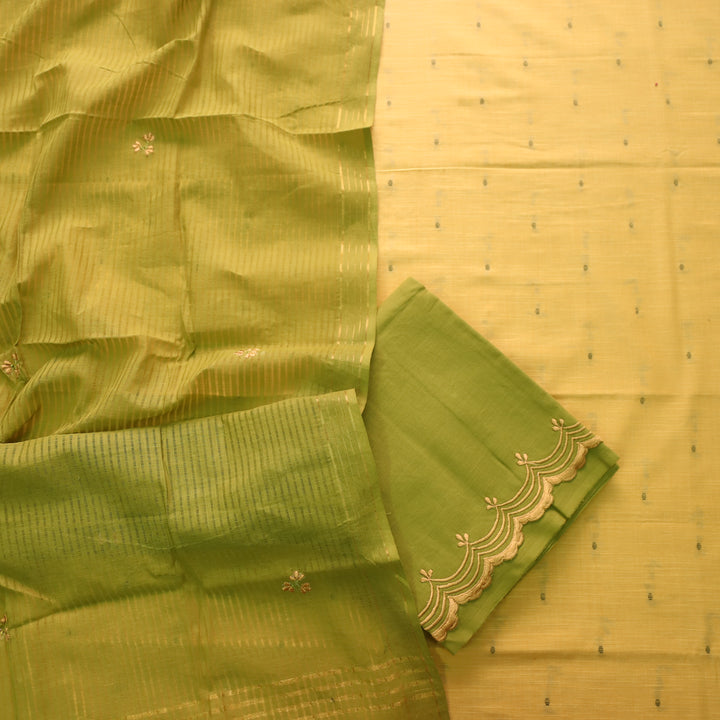 Kinaari Corn Yellow Thread Weaved Cotton Suit Set with Embroidered Bottom