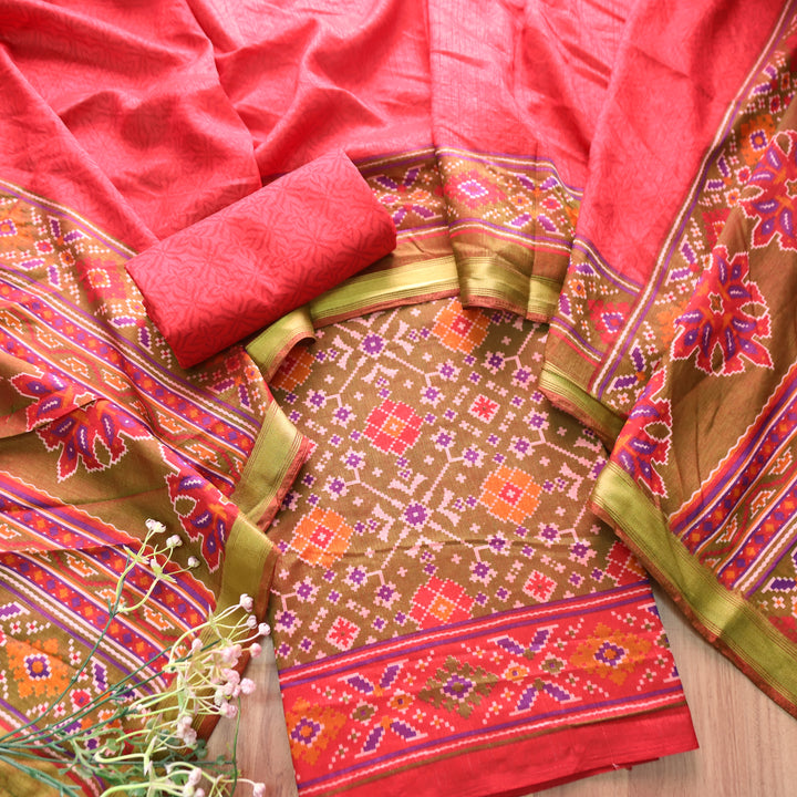 Roop Olive Green All Over Patola Shadow Printed Work Muslin Set