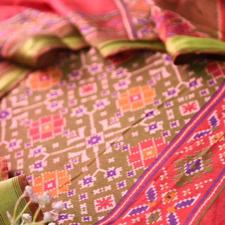 Roop Olive Green All Over Patola Shadow Printed Work Muslin Set