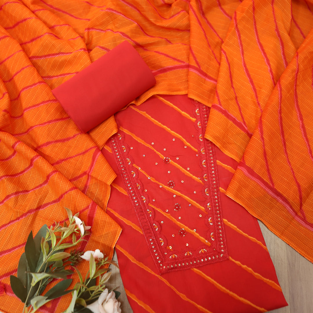 Ragini Rani Red French Knot Yoke Leheriya Printed Cotton Set