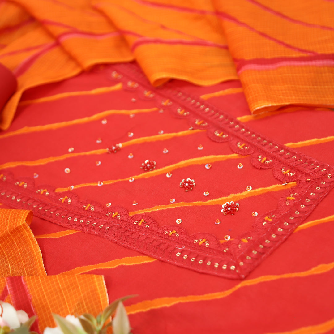 Ragini Rani Red French Knot Yoke Leheriya Printed Cotton Set
