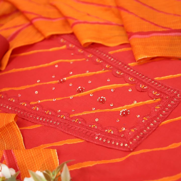 Ragini Rani Red French Knot Yoke Leheriya Printed Cotton Set