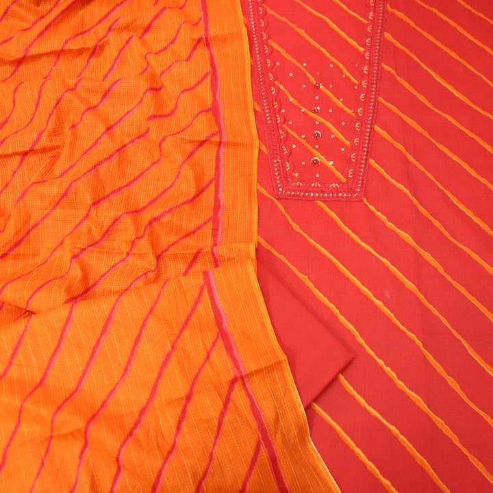 Ragini Rani Red French Knot Yoke Leheriya Printed Cotton Set