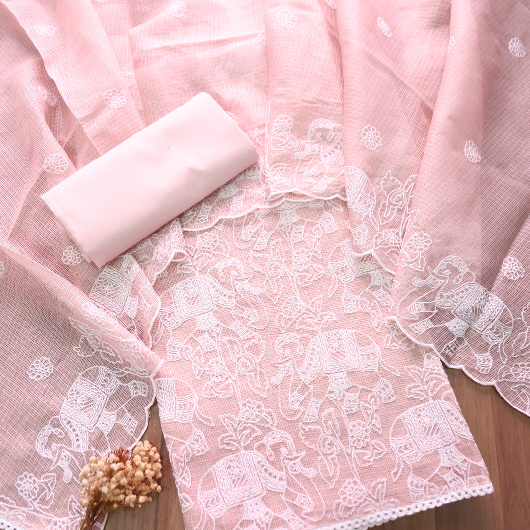 Sufiya Pastel Peach Thread Embroidered Work Kota Doriya Set