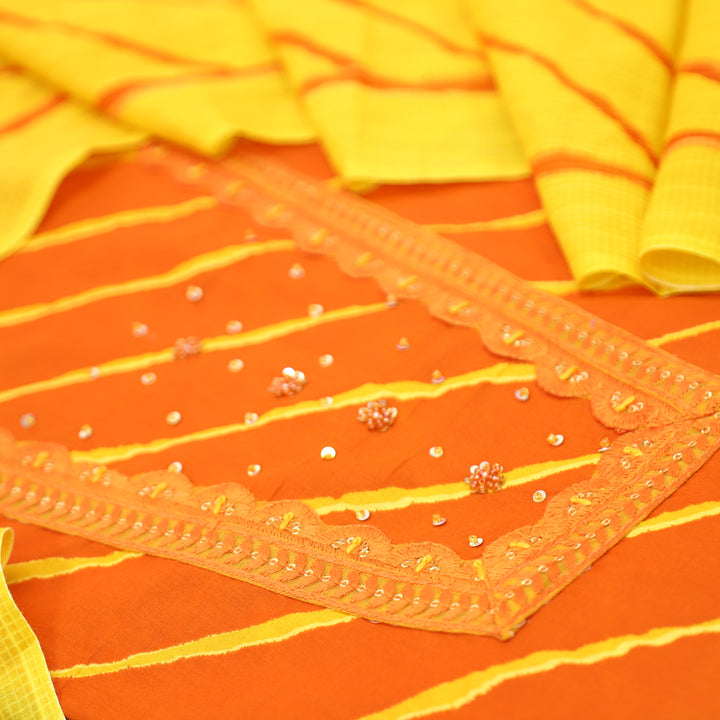 Ragini Tangerine Orange French Knot Yoke Leheriya Printed Cotton Set