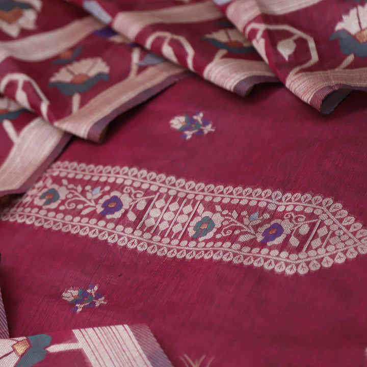 Mulakat Magenta Purple Floral Authentic Jamdani Weaved with Zari Chanderi Suit Set