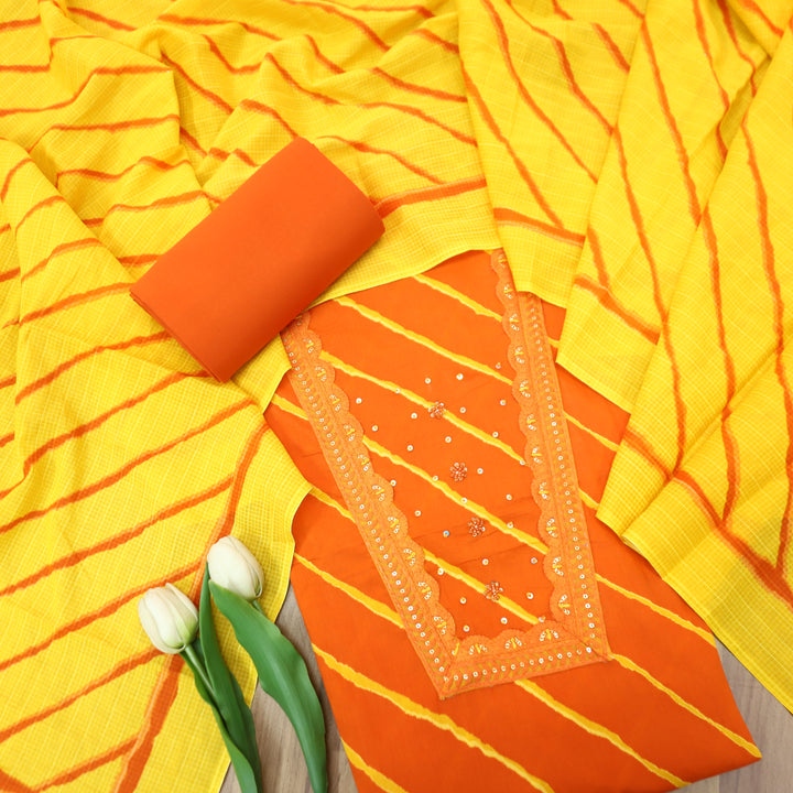 Ragini Tangerine Orange French Knot Yoke Leheriya Printed Cotton Set