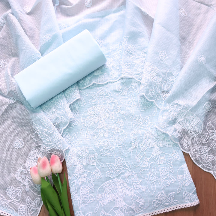 Sufiya Powder Blue Thread Embroidered Work Kota Doriya Set