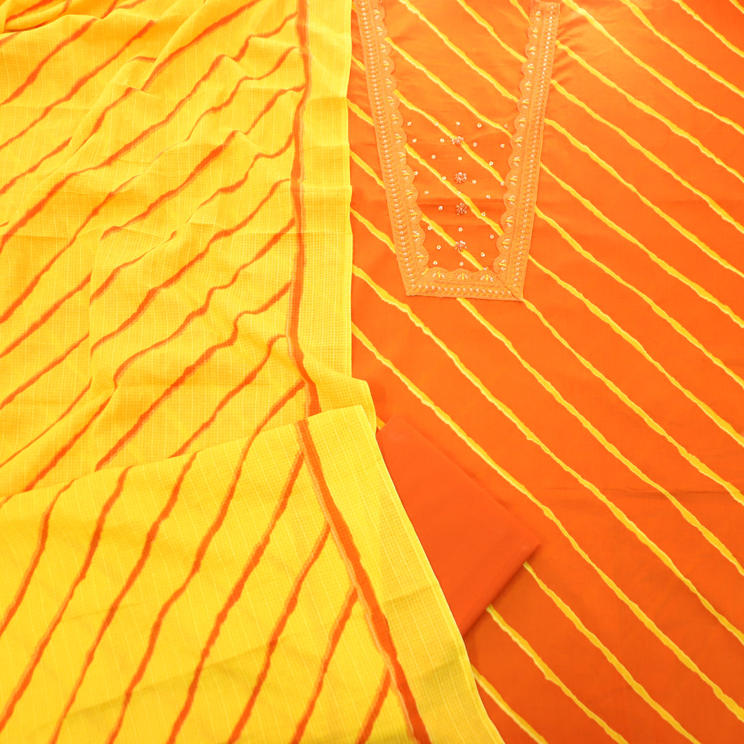 Ragini Tangerine Orange French Knot Yoke Leheriya Printed Cotton Set