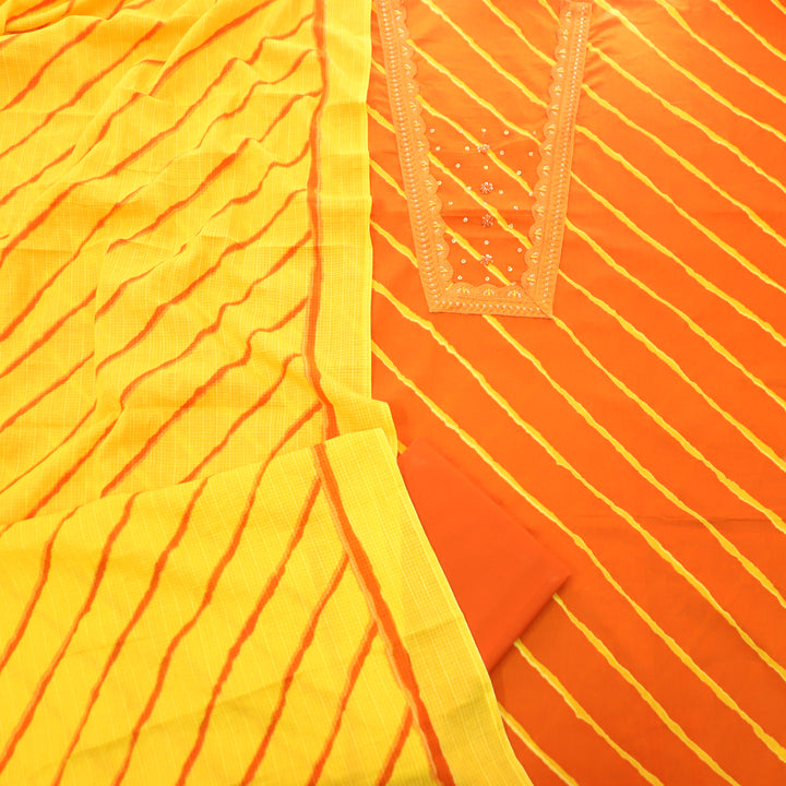 Ragini Tangerine Orange French Knot Yoke Leheriya Printed Cotton Set