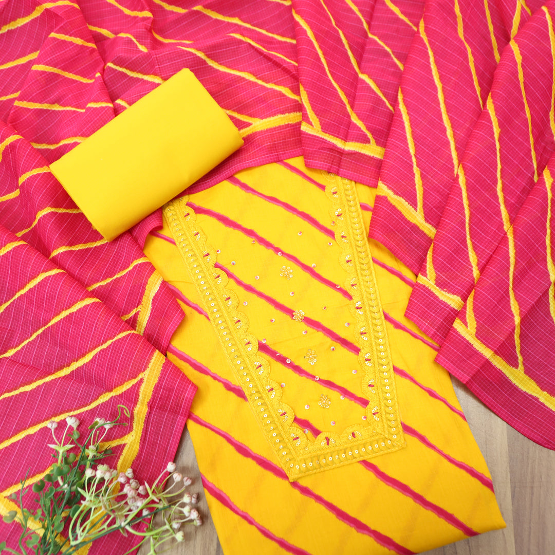 Ragini Yellow French Knot Yoke Leheriya Printed Cotton Set
