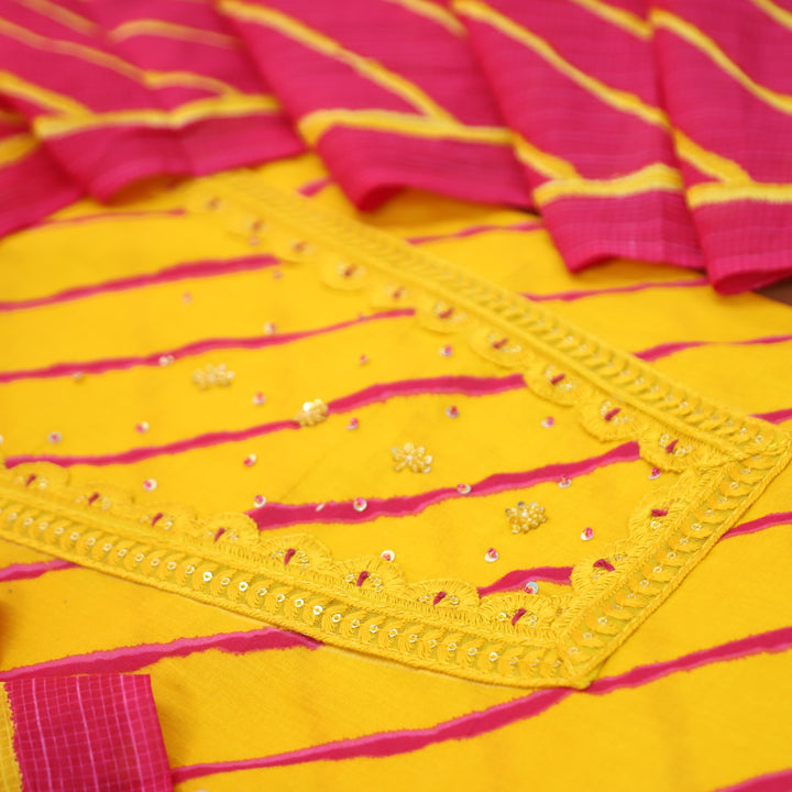 Ragini Yellow French Knot Yoke Leheriya Printed Cotton Set