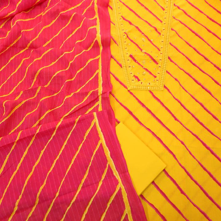 Ragini Yellow French Knot Yoke Leheriya Printed Cotton Set