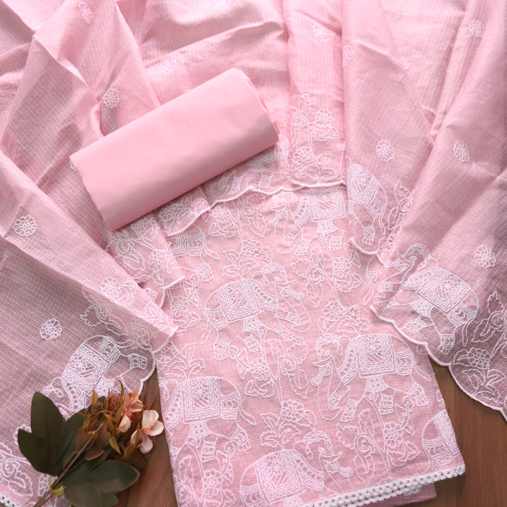 Sufiya Candy Pink Thread Embroidered Work Kota Doriya Set