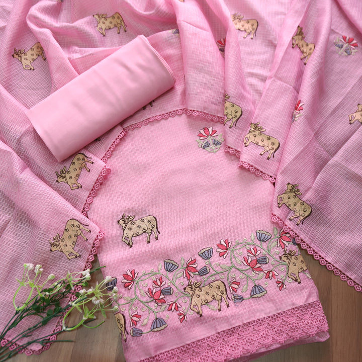 Khayal Pretty Pink Pichwai Thread Embroidery Hem Work Kota Doriya Suit Set