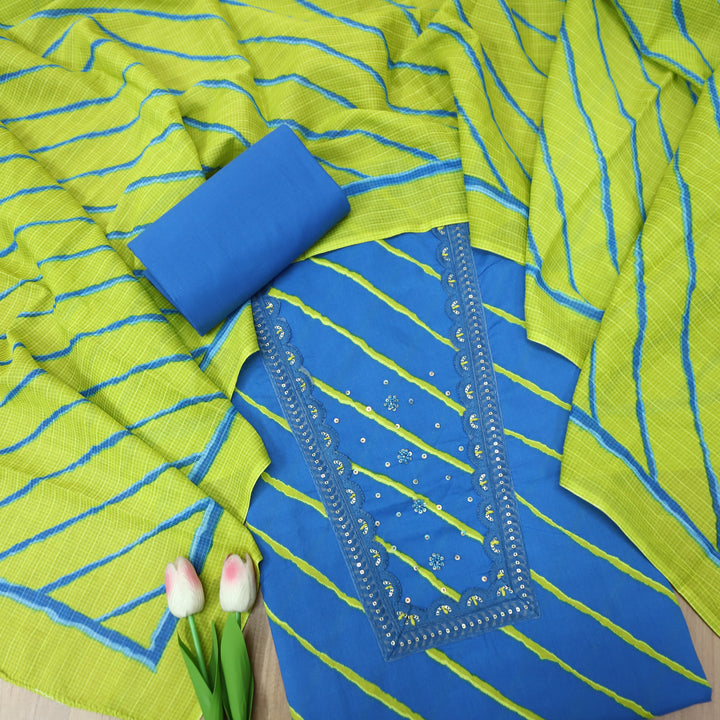 Ragini Aasmani Blue French Knot Yoke Leheriya Printed Cotton Set