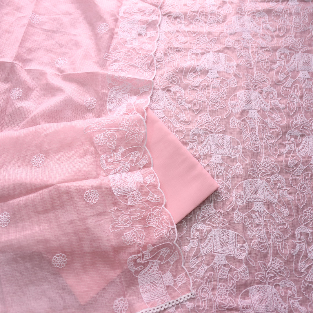 Sufiya Candy Pink Thread Embroidered Work Kota Doriya Set