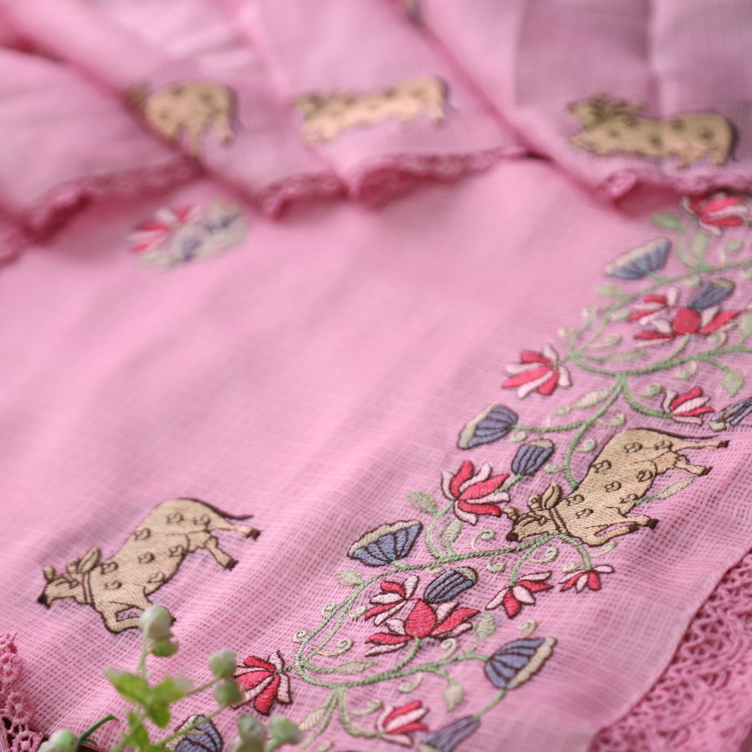 Khayal Pretty Pink Pichwai Thread Embroidery Hem Work Kota Doriya Suit Set