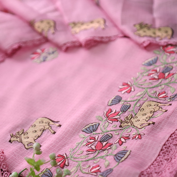 Khayal Pretty Pink Pichwai Thread Embroidery Hem Work Kota Doriya Suit Set