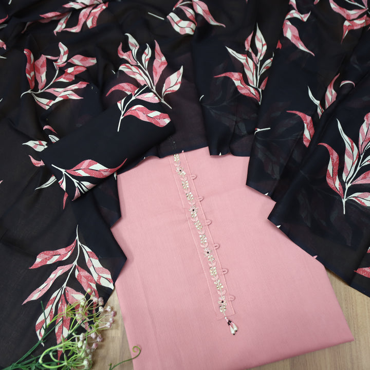 Rushna Blush Pink Thread with Spiral Zari Patch Cotton Set