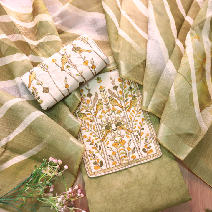 Prachi Fern Green Bird Embroidered Yoke Cotton Linen Set