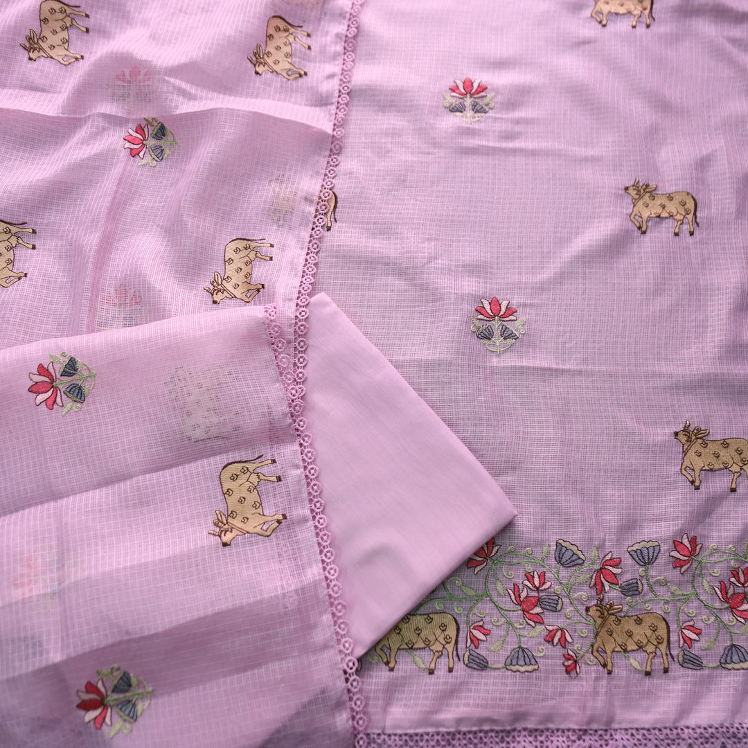 Khayal Soft LIlac Pichwai Thread Embroidery Hem Work Kota Doriya Suit Set