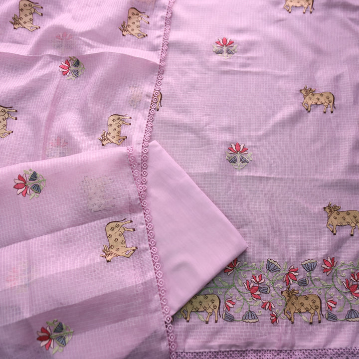 Khayal Soft LIlac Pichwai Thread Embroidery Hem Work Kota Doriya Suit Set