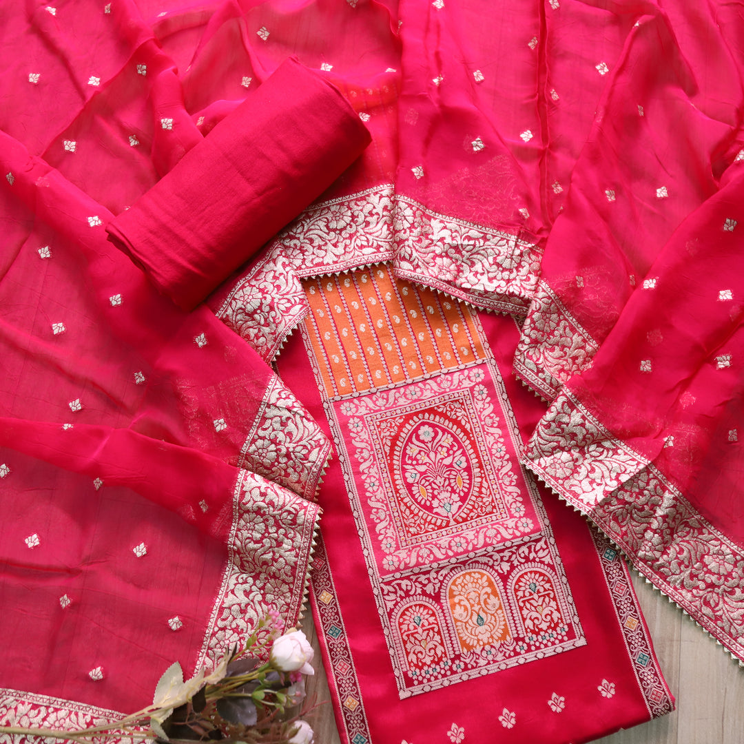 Musavvir Rani Pink All Over Zari Weaved Hem Dola Silk Suit Set