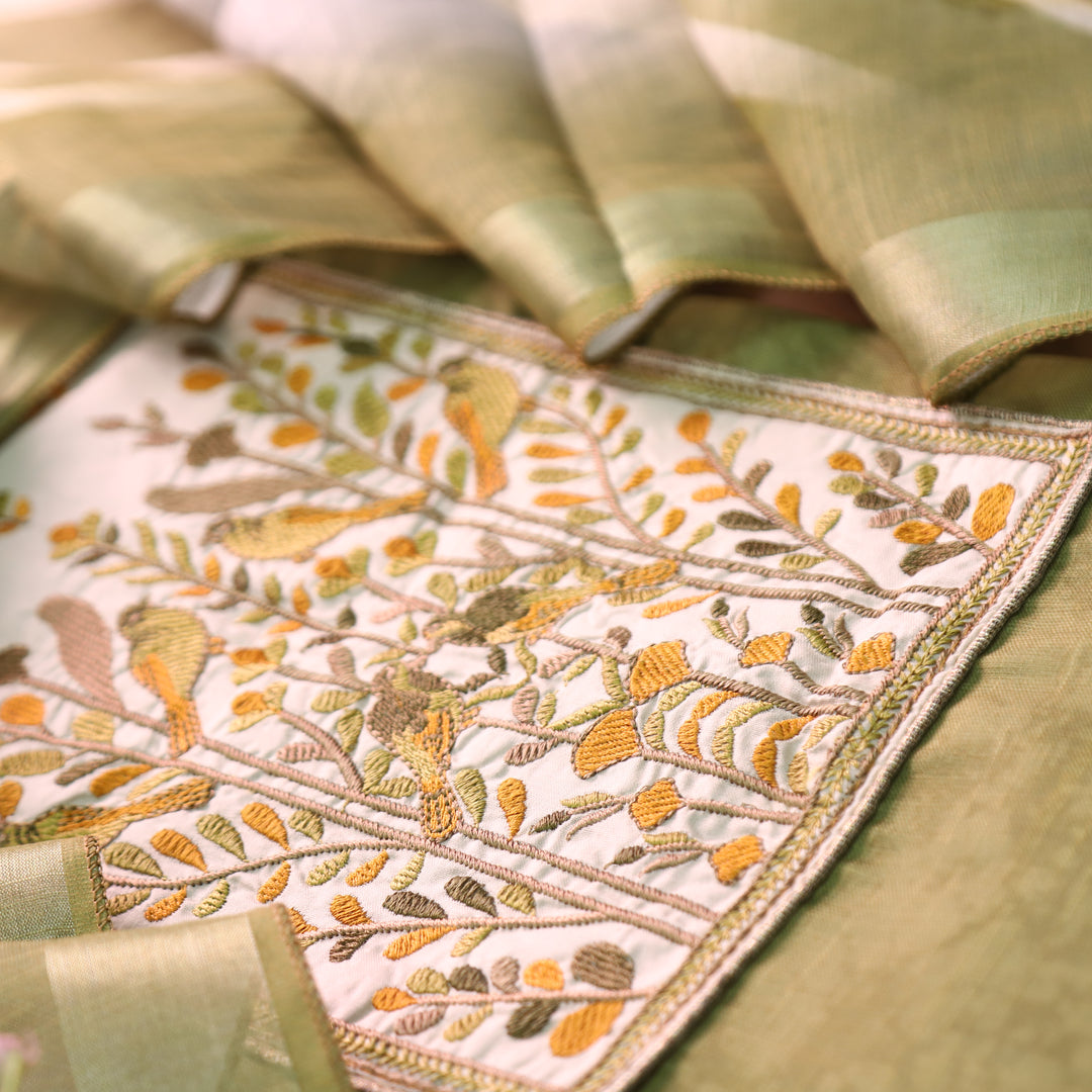 Prachi Fern Green Bird Embroidered Yoke Cotton Linen Set