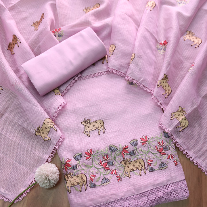 Khayal Soft LIlac Pichwai Thread Embroidery Hem Work Kota Doriya Suit Set