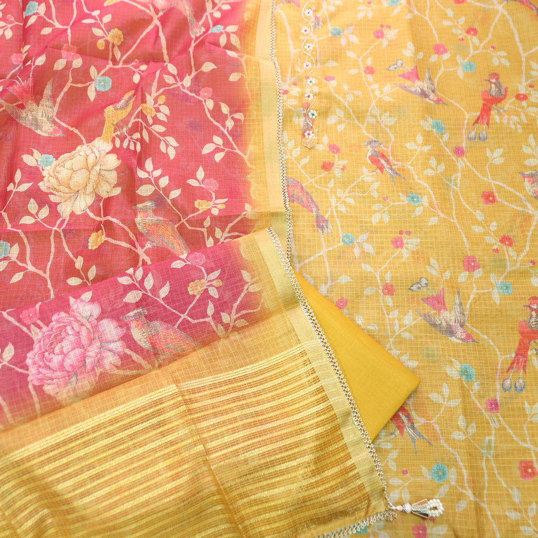 Udarri Dijon Yellow Thread Work Floral Printed Kota Doriya Set