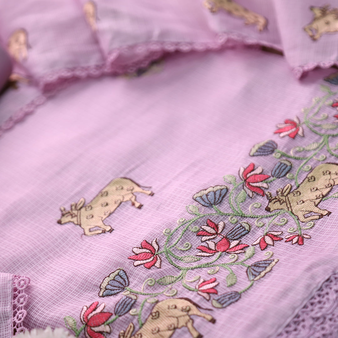 Khayal Soft LIlac Pichwai Thread Embroidery Hem Work Kota Doriya Suit Set