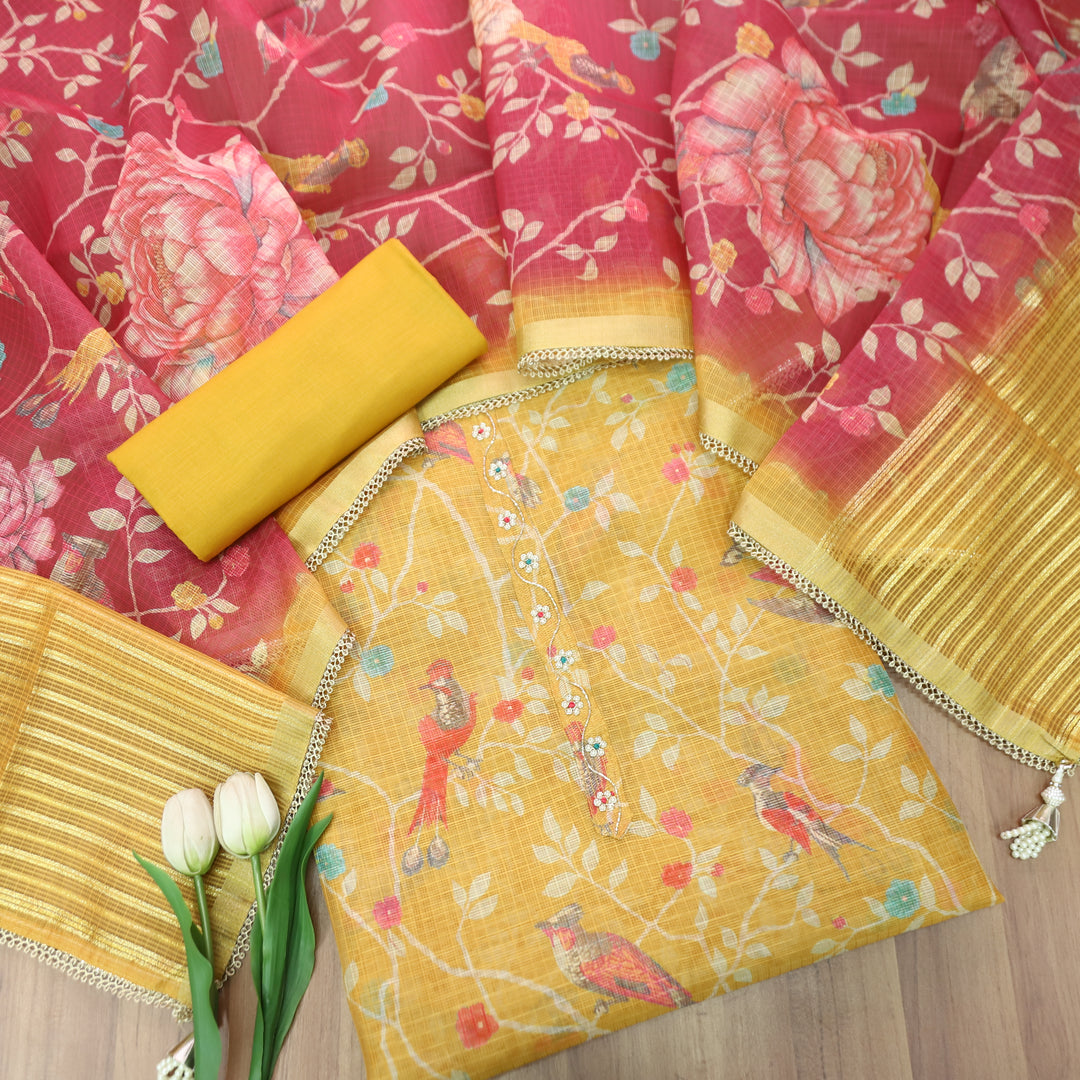 Udarri Dijon Yellow Thread Work Floral Printed Kota Doriya Set