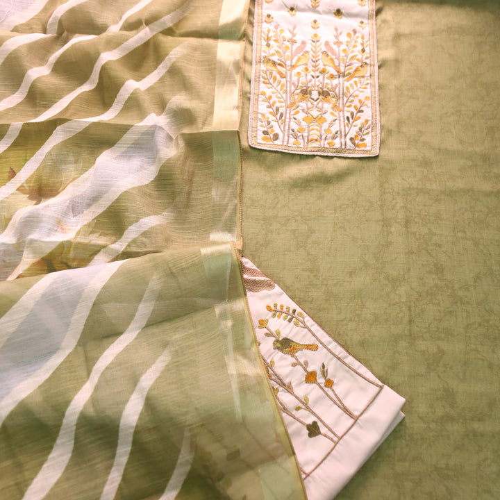 Prachi Fern Green Bird Embroidered Yoke Cotton Linen Set