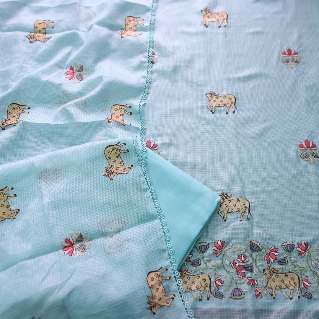 Khayal Powder Blue Pichwai Thread Embroidery Hem Work Kota Doriya Suit Set
