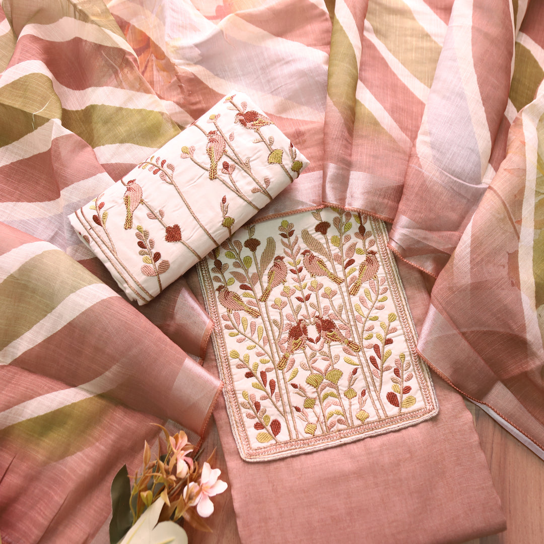 Prachi Mauve Blush Bird Embroidered Yoke Cotton Linen Set