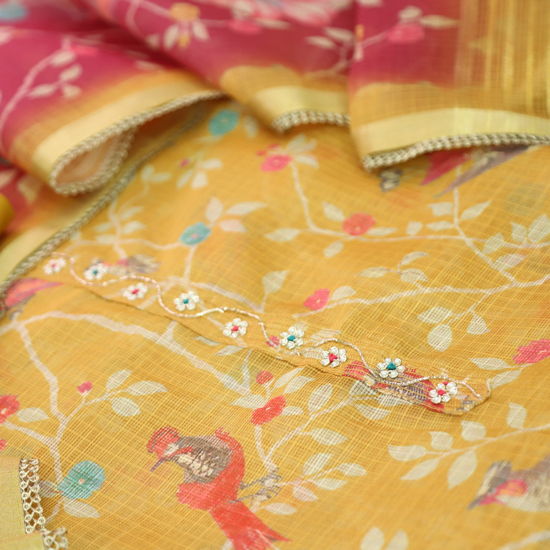 Udarri Dijon Yellow Thread Work Floral Printed Kota Doriya Set