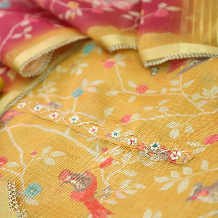 Udarri Dijon Yellow Thread Work Floral Printed Kota Doriya Set