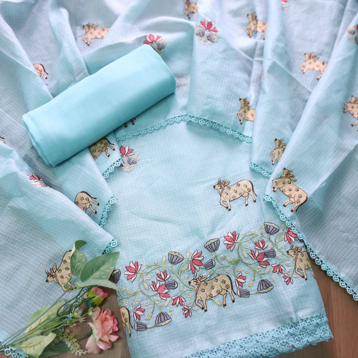 Khayal Powder Blue Pichwai Thread Embroidery Hem Work Kota Doriya Suit Set