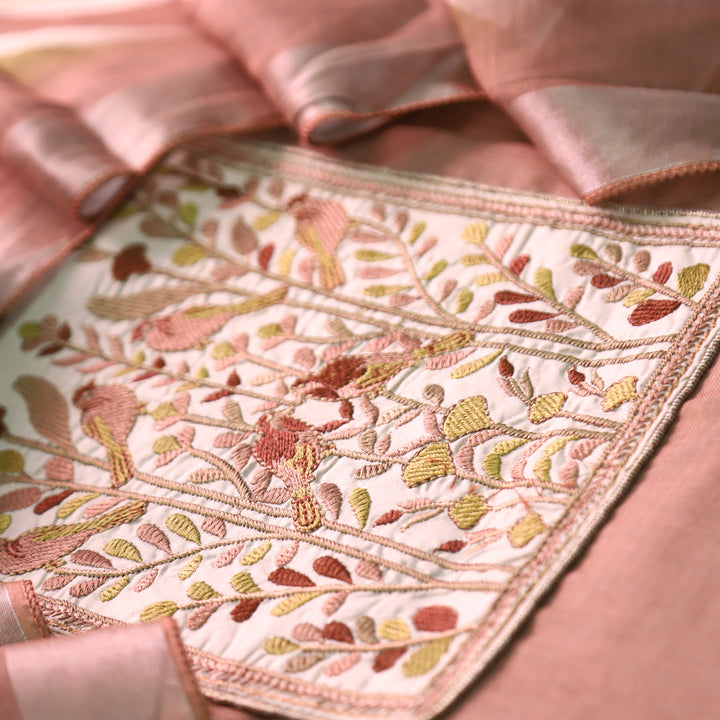 Prachi Mauve Blush Bird Embroidered Yoke Cotton Linen Set