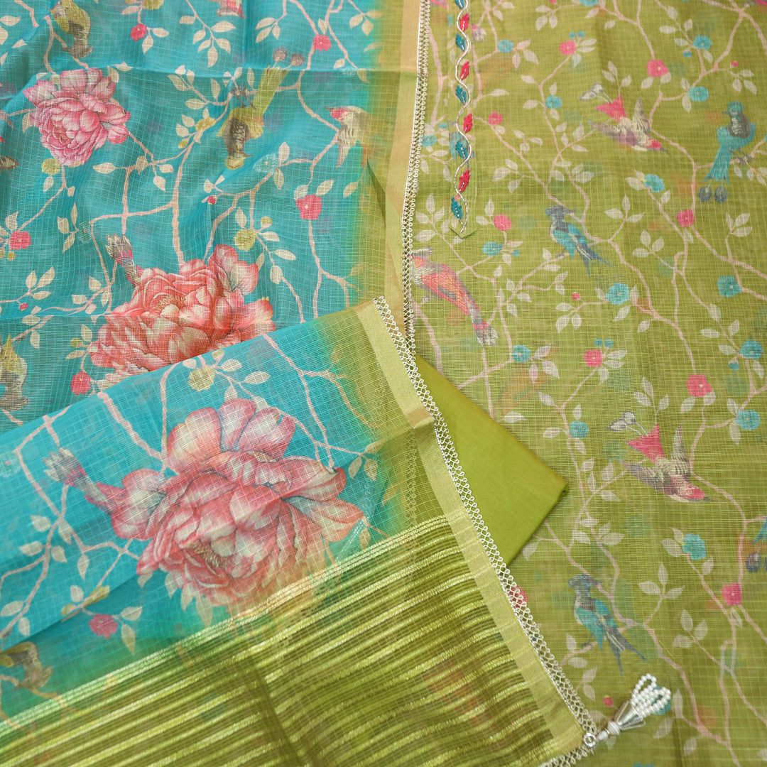 Udarri Grass Green Thread Work Floral Printed Kota Doriya Set