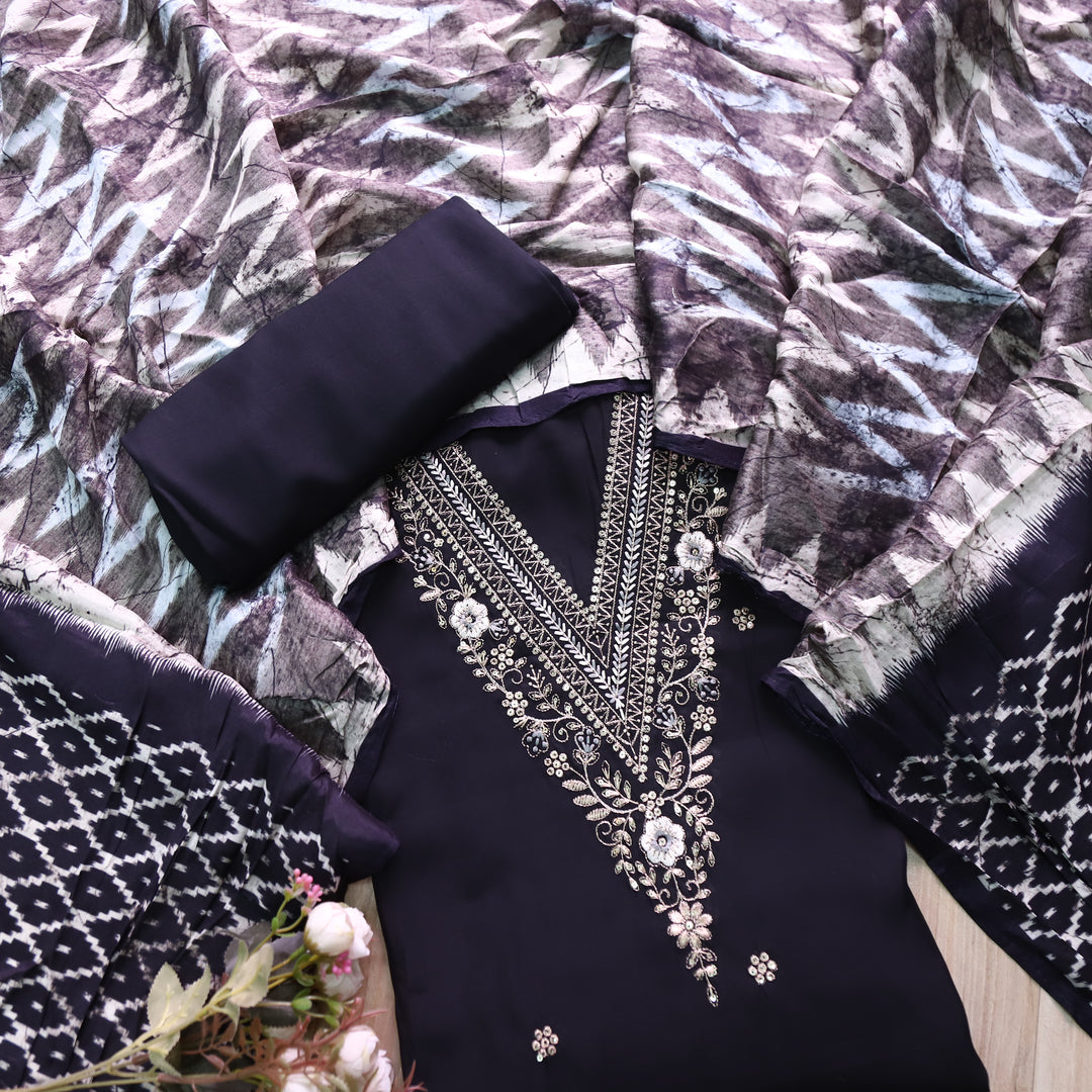 Ishaani Coal Black Embellish Zari V Neck Work Modal Suit Set