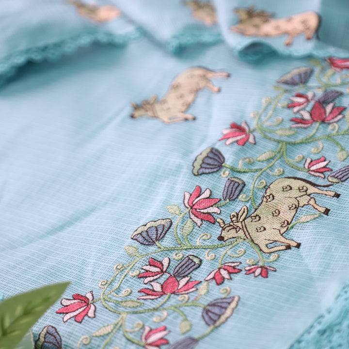 Khayal Powder Blue Pichwai Thread Embroidery Hem Work Kota Doriya Suit Set