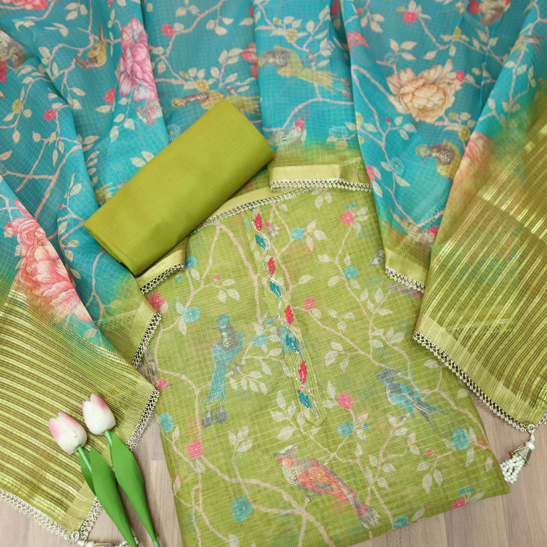 Udarri Grass Green Thread Work Floral Printed Kota Doriya Set