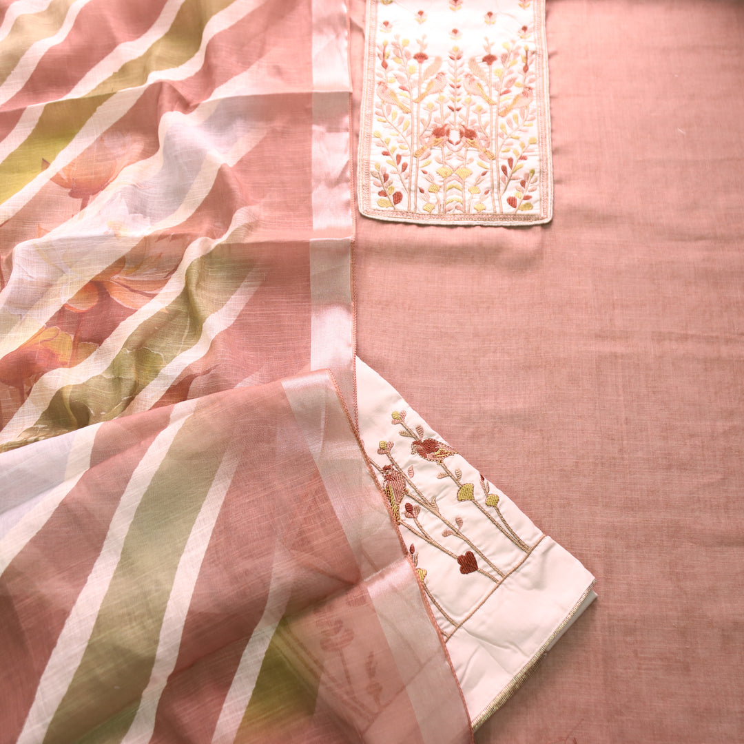 Prachi Mauve Blush Bird Embroidered Yoke Cotton Linen Set